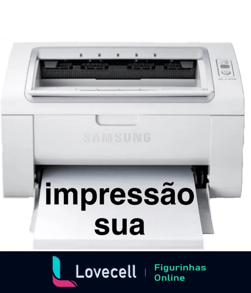 Figurinha de impressora Samsung com o trocadilho 'impressão sua', brincando com os significados de opinião e imprimir