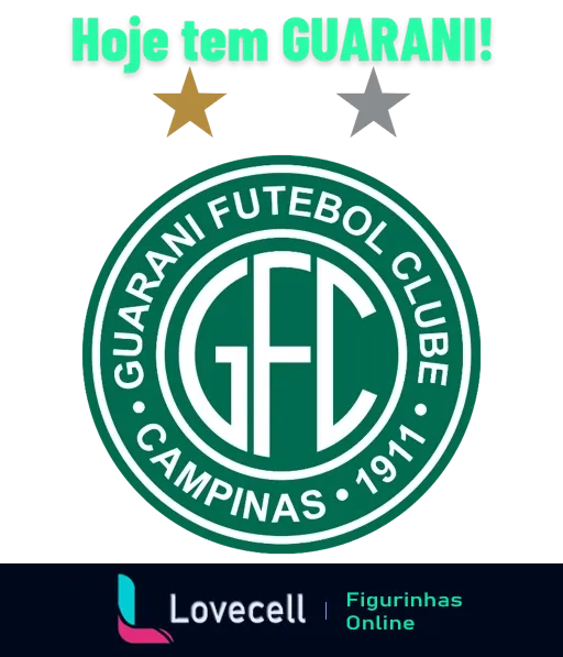 Logo do Guarani Futebol Clube com texto 'Hoje tem GUARANI!' em verde, letras 'GFC' e duas estrelas prateadas indicando conquistas