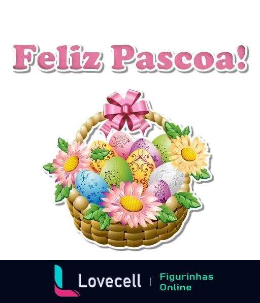 Cesta de vime com ovos de Páscoa coloridos e decorados, adornada com flores e laço rosa, padrões florais e de pontos