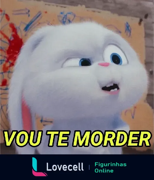 Coelho branco com expressão de ameaça e texto 'Vou te morder' em fundo colorido, ideal para uso entre namorados em conversas divertidas.