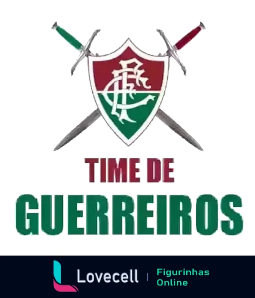 Figurinha do Fluminense Football Club com escudo, fundo listrado e machados cruzados, acompanhado do texto 'Time de Guerreiros'