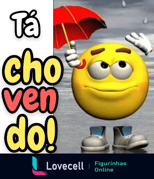 Emoticon amarelo com expressão triste segurando guarda-chuva vermelho, com fundo de chuva e céu cinza. Texto: 'Tá chovendo!'.