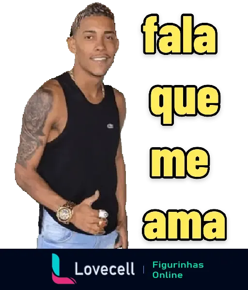 Figurinha de um homem sorrindo e fazendo um gesto de positivo, com o texto fala que me ama, da pasta MC POZE MEMES. Emojis e memes populares.