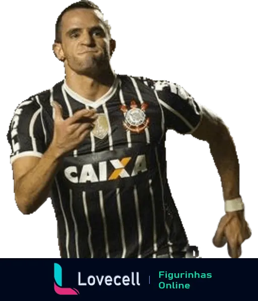 Jogador do Corinthians comemorando gol, vestindo uniforme listrado preto e branco, apontando para frente com expressão de contentamento e determinação