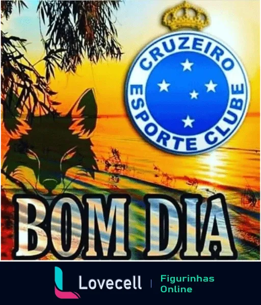 Figurinha de Bom Dia do Cruzeiro com nascer do sol vibrante, silhueta de lobo, logo do Cruzeiro Esporte Clube e saudação BOM DIA em letras grandes, ideal para torcedores compartilharem energias positivas.