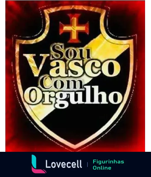 Emblema do Vasco da Gama em escudo com cruz e a frase 'Sou Vasco com Orgulho' em fundo vermelho e dourado