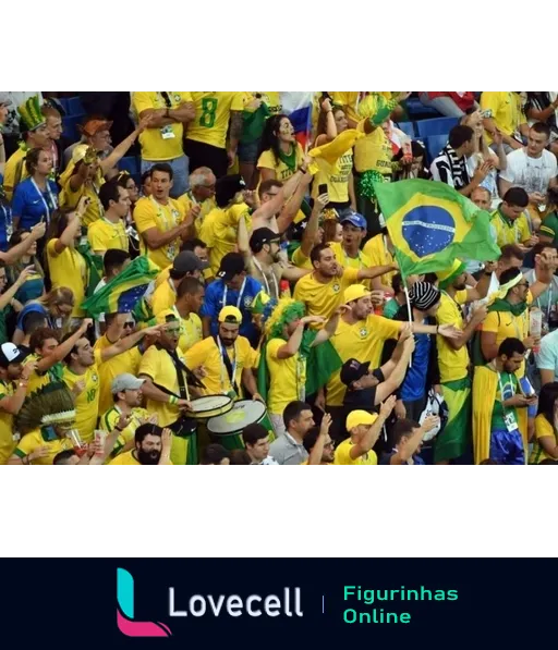 Grupo de torcedores da Seleção Brasileira celebrando animadamente em arquibancada com camisetas amarelas e acessórios verde-amarelos, tocando instrumentos e demonstrando apoio ao time.