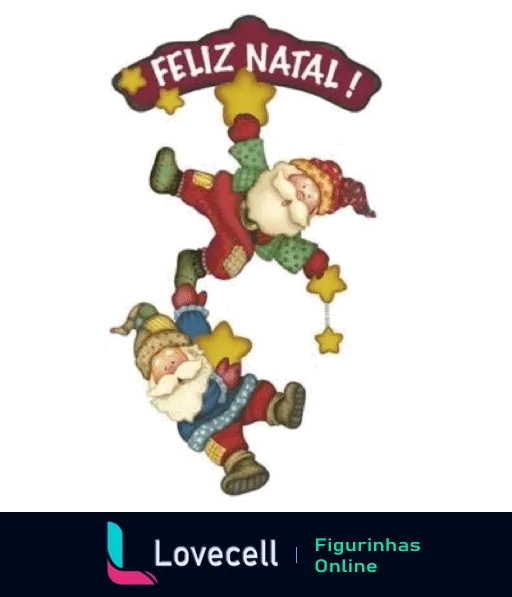 Figurinha com Papai Noel e gnomo pendurados em letras coloridas que formam 'Feliz Natal!', decorados com estrelas em fundo transparente