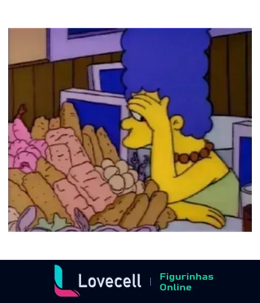 Marge Simpson surpresa em uma padaria, com gesto dramático frente a seleção de pães e bolos, cabelo azul marcante e expressão exagerada