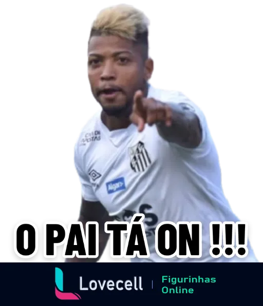 Figurinha de jogador de futebol do Santos com cabelos loiros curtos, uniforme, apontando para frente e expressão séria, com a frase 'O PAI TÁ ON !!!' em destaque