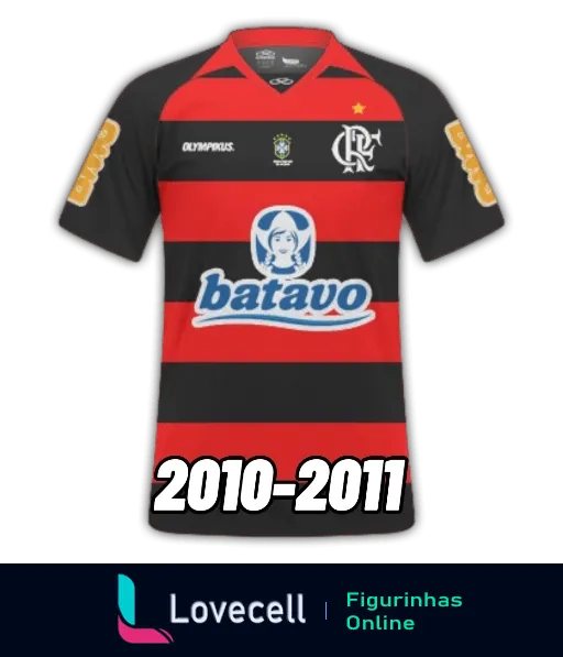 Camisa do Flamengo de 2010-2011, vermelha e preta com logotipo da Batavo e emblema do Flamengo no peito, detalhes dourados nos ombros