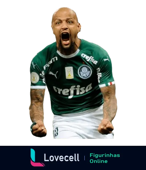 Jogador do Palmeiras comemorando euforicamente com punhos cerrados e gritando, vestindo uniforme verde e com tatuagens nos braços