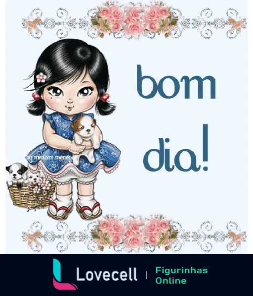 Figurinha de 'Bom Dia' com menina de olhos grandes e vestido azul segurando um gatinho branco, cercada por rosas e filhotes de cachorro, com decoração de flores e laços