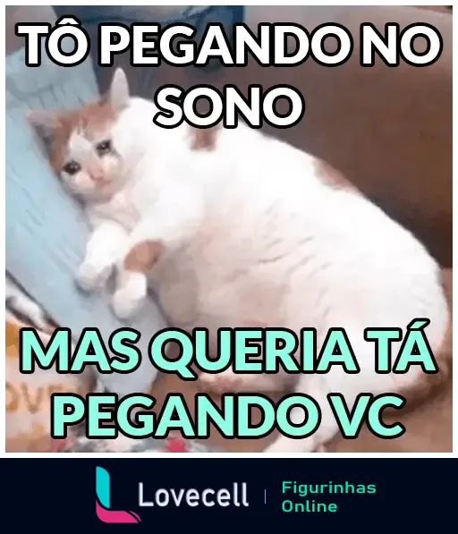 Gato deitado no sofá, com olhos tristes e sonolentos, acompanhado do texto 'Tô pegando no sono, mas queria tá pegando você'. Perfeito para cantadas engraçadas e fofas.