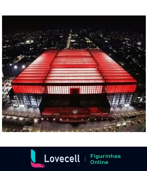 Arena da Baixada iluminada à noite com luzes vermelhas destacando a arquitetura moderna do estádio do Clube Atlético Paranaense