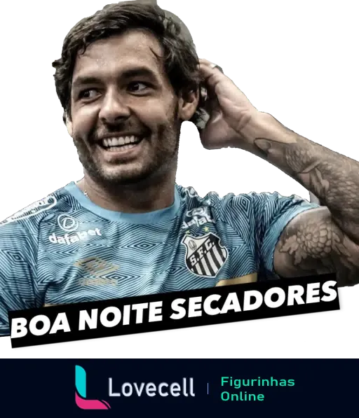 Figurinha de WhatsApp com jogador de futebol sorrindo, vestindo a camisa do Santos Futebol Clube, com patrocínio da Dafabet, frase 'Boa Noite Secadores' em tom de provocação amigável