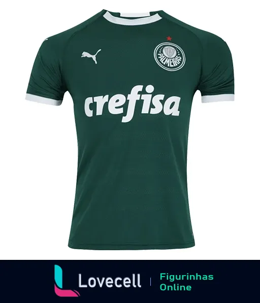 Camisa do Palmeiras verde com logo da PUMA e patrocínio da Crefisa, destacando a estrela vermelha acima do escudo