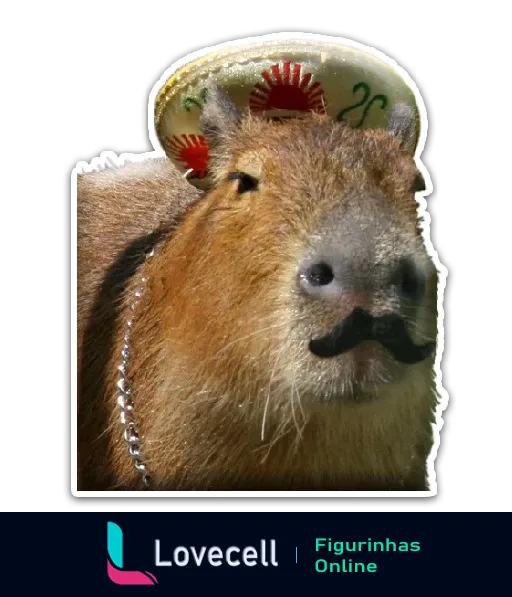 Capivara vestida com sombrero tradicional mexicano e bigode de fantasia, em uma figurinha divertida para WhatsApp.