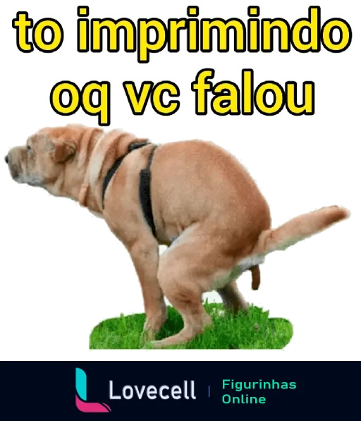 Figurinha de cachorro bege urinando no gramado com coleira preta e frase 'tô imprimindo oq vc falou' em fonte casual colorida