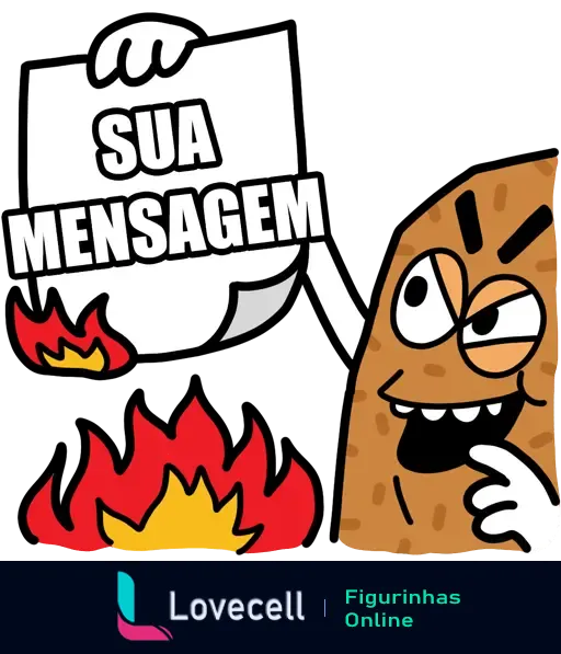 Figurinha da série 'batata' mostrando uma batata curiosa segurando um cartaz em branco com a frase 'SUA MENSAGEM' em negrito, com chamas nas laterais.