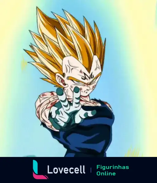 Imagem do personagem Vegeta transformado em Super Saiyajin com o símbolo Majin na testa, posando com três dedos levantados.