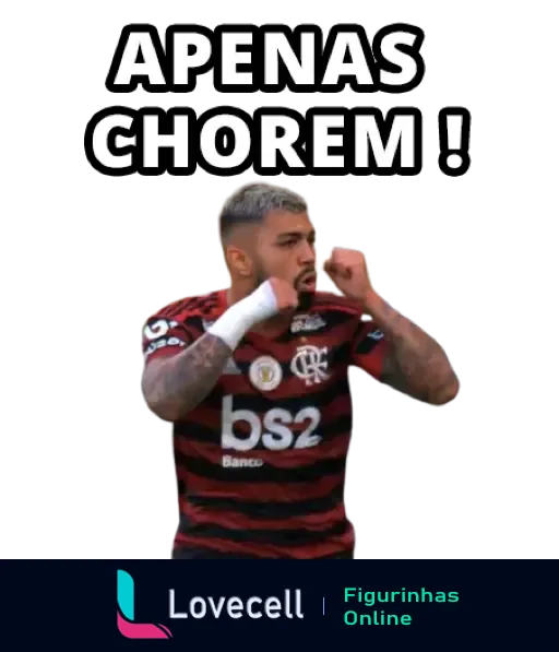 Figurinha de jogador do Flamengo em uniforme vermelho e preto limpando lágrimas ironicamente durante jogo