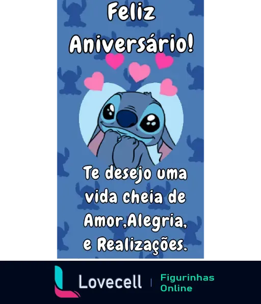 Figurinha de aniversário com personagem azul desejando uma vida cheia de amor, alegria e realizações, fundo azul com corações rosa