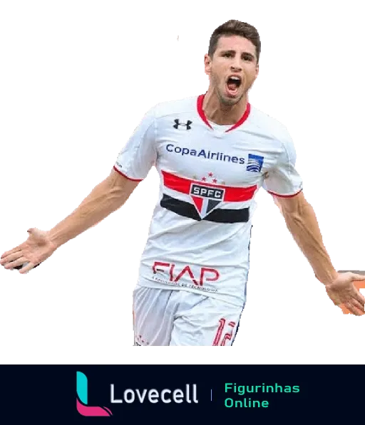 Jogador do São Paulo FC comemorando gol em campo, vestindo uniforme branco com patrocínios da Copa Airlines e FIAP, logotipo da Under Armour