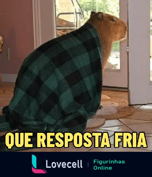 Capivara coberta com um cobertor xadrez verde e preto, sentada dentro de uma casa olhando para fora. Texto: 'QUE RESPOSTA FRIA'.