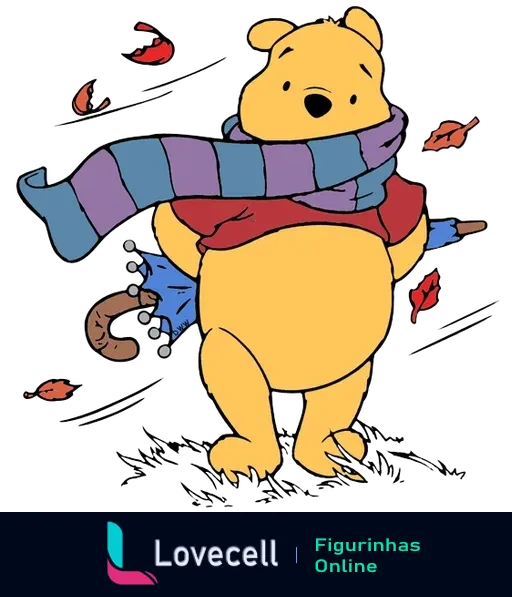 Adorável Ursinho Pooh usando um cachecol roxo e azul, rodeado por folhas de outono, com um guarda-chuva no braço.