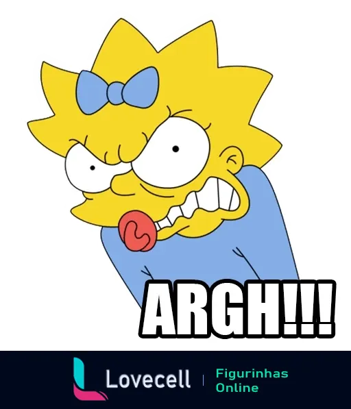 Figurinha de Maggie Simpson expressando frustração com boca aberta, olhos arregalados e língua para fora, texto 'ARGH!!!' em Os Simpsons