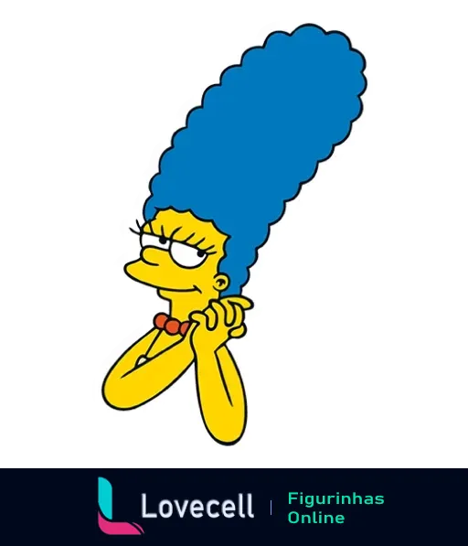 Marge Simpson pensativa com as mãos no queixo, olhos semicerrados, contra fundo branco