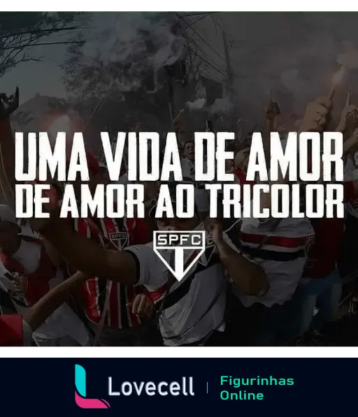 Torcedores do São Paulo FC comemorando com a frase 'Uma vida de amor, de amor ao Tricolor' em destaque sobre a multidão, mostrando a paixão pelo time.