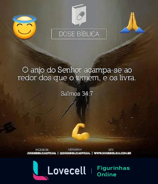 Figurinha com versículo bíblico Salmos 34:7: 'O anjo do Senhor acampa-se ao redor dos que o temem, e os livra.' Fundo com anjo e emojis.