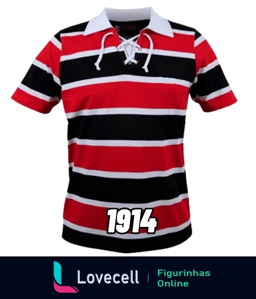 Figurinha da camisa polo listrada nas cores preto, vermelho e branco do Flamengo, com o ano 1914 destacado, representando a fundação do departamento de futebol do clube.