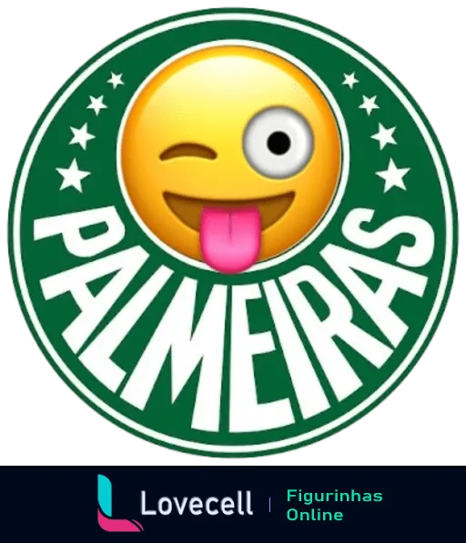 Emblema do Palmeiras com emoji piscando e mostrando a língua, cercado por anel verde com estrelas e o nome 'Palmeiras' em cima