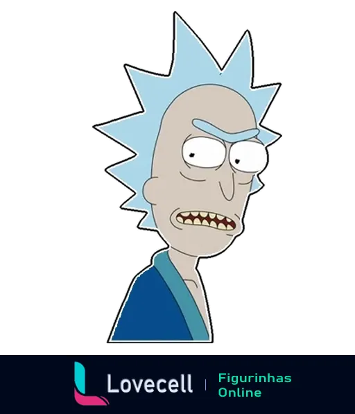 Rick Sanchez de 'Rick and Morty' com expressão séria, cabelo azul espetado e óculos, fundo listrado preto e branco