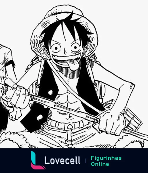 Personagem Luffy da série One Piece, fazendo careta com a língua de fora, vestindo um chapéu e uma camisa sem mangas.