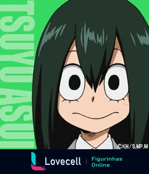 Personagem Tsuyu Asui de My Hero Academia Class 1A com cabelo verde e olhos expressivos em fundo verde, sorrindo.