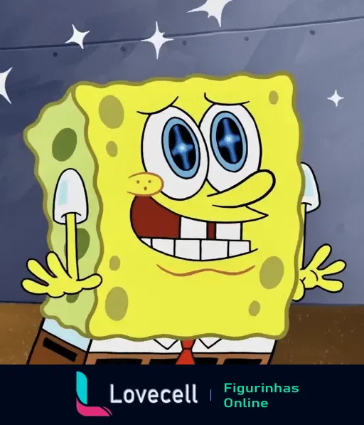 Bob Esponja com expressão de animação e olhos estrelados, da pasta 'Bob Esponja Mood'. Fundo azul com estrelas brilhantes ao redor.