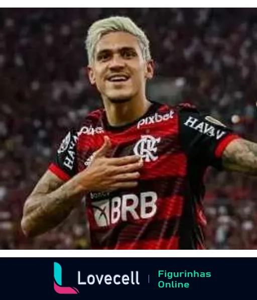 Jogador de cabelo platinado do Flamengo comemorando com uniforme rubro-negro, patrocínios da Pixbet e BRB visíveis, sorrindo e tocando o peito em gesto de emoção durante uma partida