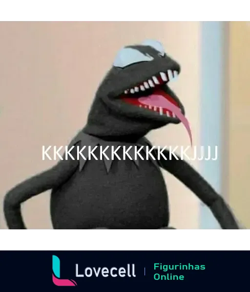 Imagem de humor combinando Kermit, personagem do Muppet Show, com Venom da Marvel, rindo com grandes dentes afiados e a língua de fora, acompanhada de 'KKKKKKKKKKKKJJJJ'.