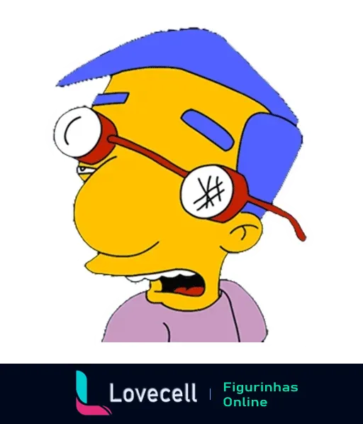 Figurinha do Milhouse Van Houten dos Simpsons com curativo, expressão de dor, óculos vermelhos e touca azul