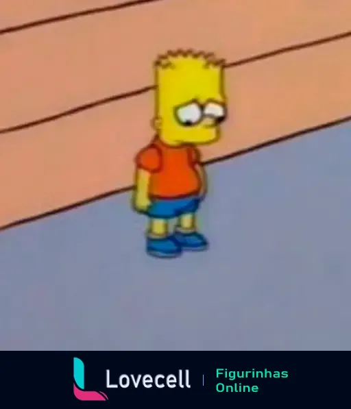 Bart Simpson, personagem do desenho Os Simpsons, aparece triste e cabisbaixo, com cabeça baixa, usando camiseta laranja, shorts azul e sapatos azul, de pé contra uma parede.