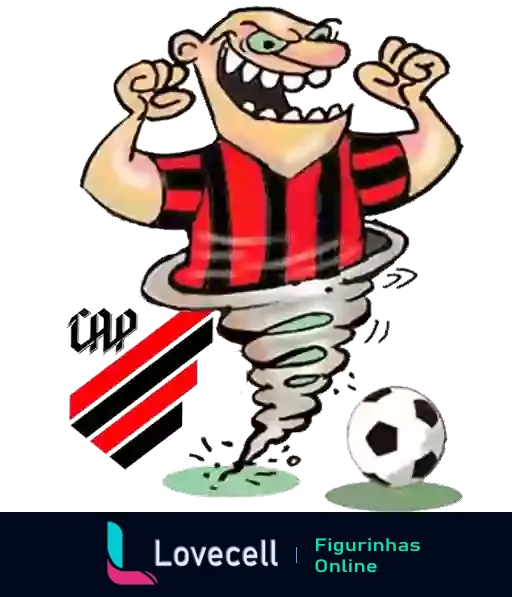 Torcedor animado do Atlético PR vestido de preto e vermelho, emergindo de um redemoinho com uma bola de futebol, expressando energia e paixão pelo time