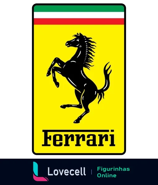 Logo da Ferrari com cavalo empinado preto em fundo amarelo, faixa da bandeira italiana verde, branco e vermelho acima, e nome 'Ferrari' abaixo