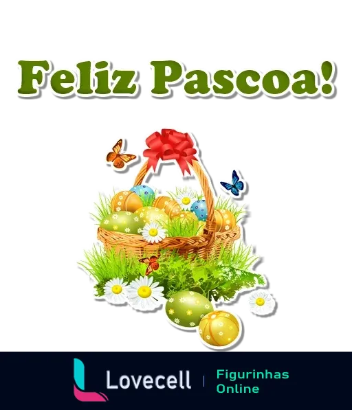 Cartaz 'Feliz Páscoa' com cesta de ovos coloridos e fita vermelha, no gramado verde com margaridas e borboletas