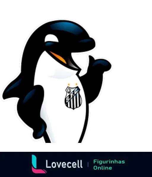 Figurinha de pinguim mascote do Santos Futebol Clube sorrindo e em pose animada, vestindo camisa com escudo do time