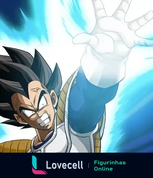 Imagem de Vegeta, do anime Dragon Ball, em sua forma Super Vegeta, enquanto lança um poderoso golpe de energia com expressão determinada.