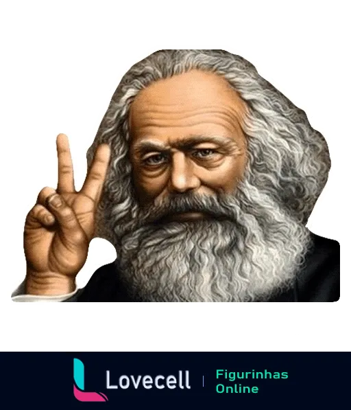 Ilustração de Karl Marx com cabelos e barba longos grisalhos fazendo sinal de paz com a mão direita, expressão séria e pensativa